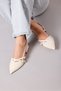Women’s Cream Patent Leather Backless Mary Janes Everyday Pointed Toe Ballet Flats Buckle Detail Short-Heeled Shoes - 3