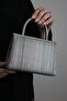 Women's Platinum Striped Glitter Evening Bag - Evening Bag with Crystal Stone Buckle - 4