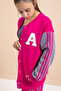 Fuchsia Written College Jacket Girl's Striped 3 Thread Hooded Tracksuit Set 21297 - 7