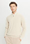 Men's Light Beige Cotton Zippered Bato Collar Jacquard Standard Fit Regular Cut Knitwear Sweater - 3