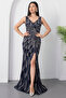 V Neck Jewel Slit Tulle Evening Dress Ecr5472 - 5