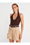 10799 Halter V-Neck Textured Knitwear Blouse-Brown