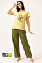 Graphic & Text Print T-shirt in Light Yellow & Pyjama in Olive Green Set - 100% Cotton