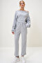 Women's Interlock Fabric Madonna Collar Crop Sweat and Pants Set Gray Alc-X13075 - 3