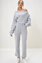 Women's Interlock Fabric Madonna Collar Crop Sweat and Pants Set Gray Alc-X13075 - 2