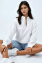 Women's Ecru Stand Collar Zippered Inside Raised 3 Thread Crop Sweatshirt Alc-X12757 - 4