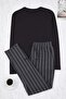 Black - Anthracite Regular Striped Top Single Jersey Bottom Waffle Fabric Pajama Set Tmnaw26Pt00006 - 6