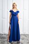 Women's Collar Design Slit Flexible Crepe Fabric Strap Chest Flounced Cobalt Blue Evening Dress582190