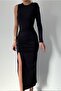 Women's Single Sleeve and Slit Design Sandy Fabric Midi Black Dress 210 - 6