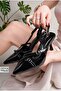 Black Patent Leather Pointed Toe Strap Buckle Closed Toe Open Back Heels Stiletto Heel 7 cm