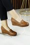 Shay Exclusive Tan Genuine Calfskin Cross Strap Detailed Embroidered Wedge Heeled Casual Shoes