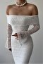 White Lined Lace Fabric Strapless Collar Long Sleeve Maxi Dress 282 - 6