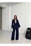 Women's Oversize Belted Tunic Trousers Set |   Double Set |   Jacket Collar |   Navy Blue Stylish Basic - 6