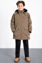 Brown Zippered Chest Pocketed Boys' Hooded Coat with Fur Inside 21354 - 3