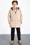 Cream Zippered Chest Pocketed Boys' Hooded Coat with Fur Inside 21358