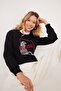Women's Regular Fit Classic Cut 100% Cotton Printed Crew Neck Black Sweatshirt