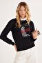 Women's Regular Fit Classic Cut 100% Cotton Printed Crew Neck Black Sweatshirt - 2