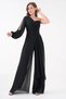Women's Lined Black Chiffon Fabric Single Sleeve Design Belt Detailed Stylish Evening Dress Jumpsuit 1336 - 6