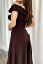 Brown Neckline Flounced Crepe Fabric Long Evening Dress - 2