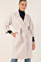 Women's Belted Long Faux Leather Trench Coat Ecru 1038