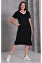 Women's Plus Size Black-White, V-Neck, Piping Detail Midi Dress with Pockets 65N39083