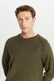 Men's Khaki Standard Fit Regular Cut Crew Neck Jacquard Knitwear Sweater - 4
