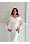White Chiffon Sleeve Detail Off Shoulder Mermaid Evening Dress - 4