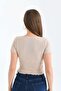 Women's Cream Ribbed Body Fitting Pool Neck Crop Knitted Blouse - 3