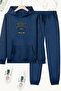 Unisex Navy Blue Michigan Printed Tracksuit Hoodie - Winter Embossed Fabric