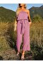 Women's 2023 Casual Off Shoulder Solid Color Strapless Belted Wide Leg Jumpsuit Romper - 2