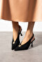 Women's Slingback Stiletto with Black Textured Fabric and Button Accents, Thin Heel - 3