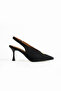 Women's Slingback Stiletto with Black Textured Fabric and Button Accents, Thin Heel - 6