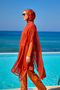 Dark Orange Chiffon Kimono – Full Length Hijab Pareo over Beach and Pool P2516-2
