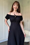 Off-The-Shoulder Seersucker Midi Black Dress