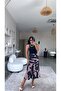Navy Blue Patterned Satin Skirt - 4