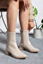 Women's Beige Cream Wrinkled Mid Heel Winter Boots - 4