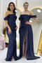 Women's Off-Shoulder Sequin Slit Evening Dress Sea Green, Powder, Black, Red, Navy, Beige - 6