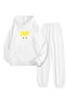 White Tracksuit Set – Dark Cat Printed, Hooded Sweatshirt and Jogger Pants