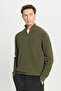 Men's Khaki Cotton Zippered Bato Collar Jacquard Standard Fit Regular Cut Knitwear Sweater - 3