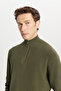 Men's Khaki Cotton Zippered Bato Collar Jacquard Standard Fit Regular Cut Knitwear Sweater - 4