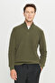 Men's Khaki Cotton Zippered Bato Collar Jacquard Standard Fit Regular Cut Knitwear Sweater