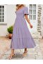 Women's Boho Summer One Shoulder Short Sleeve Smocked Side Split Ruffle Swing Midi Dress - 6