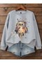 Gray Women's Gray Colored Owl Printed Crew Neck Oversize