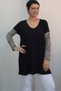 Black V-Neck Sleeve Tip Leopard Color Block Low Sleeve Combed Viscose T-Shirt - 6