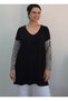 Black V-Neck Sleeve Tip Leopard Color Block Low Sleeve Combed Viscose T-Shirt - 3