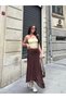 Women's Brown High Waist Elastic Waist Lace Eyelet Embroidery Asymmetrical Cut Bohemian Summer Midi Skirt - 4