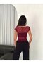 Women's Burgundy Boat Neck Asymmetrical Cutout Fishtail Lace See-Through Crop Blouse - 7