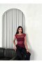Women's Burgundy Boat Neck Asymmetrical Cutout Fishtail Lace See-Through Crop Blouse - 4