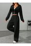Women's Zip Hooded Black Crop Cardigan-Loose Fit Tracksuit Set - 5