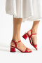 Red Patent Leather Gold Detailed Ankle Strap Block Heel Sandals - 3